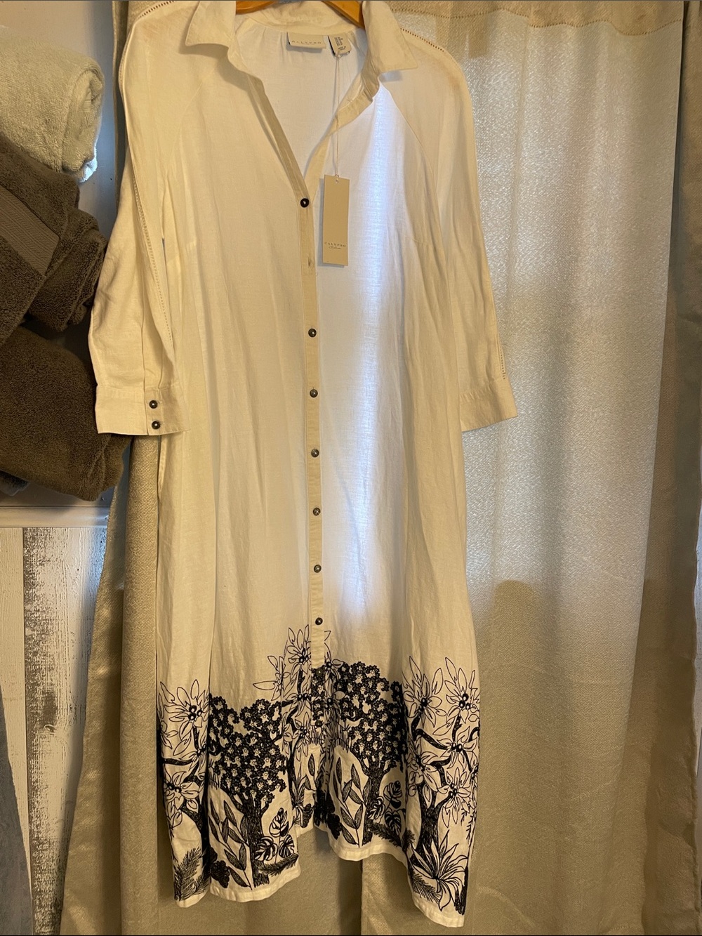 Calypso St. Barth Cream Midi Shirt Dress with Black Floral Border